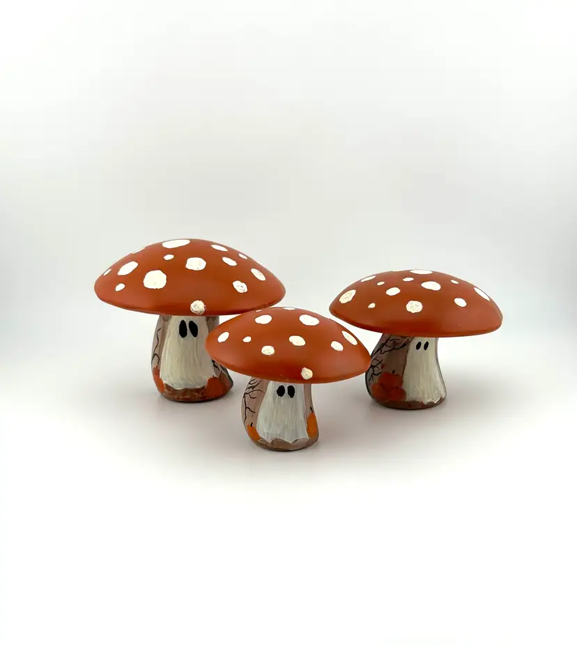 West Virginia Glassworks OOAK Set of 3 Hand Painted Halloween Mushrooms 2.25”, 2.5”, 3.25”