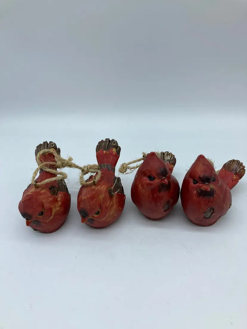 4 Resin Cardinal Bird Ornaments with Heart Stamp on the Bottom