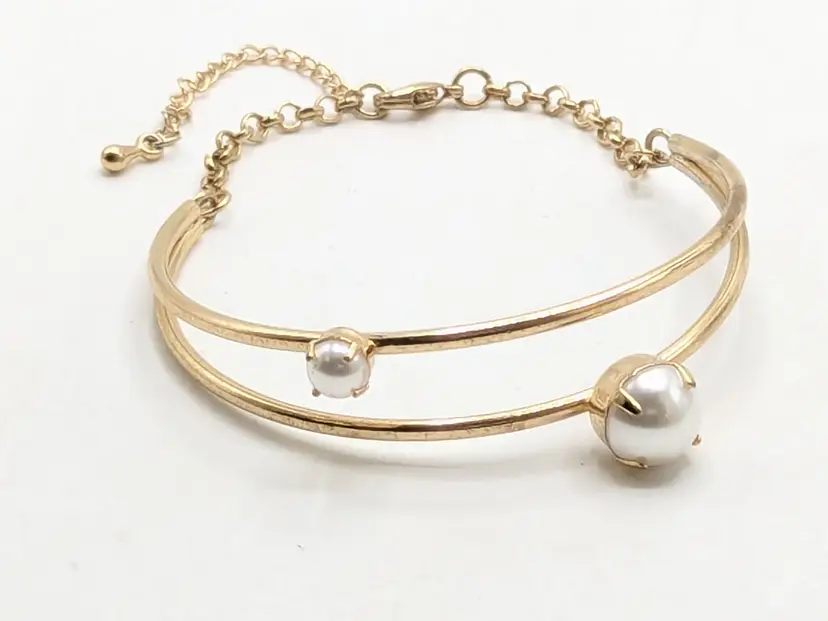 Gold Tone Double Band Faux Pearl Bracelet Jewelry
