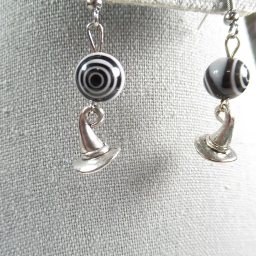 Halloween handmade Witches hat earrings with swirled black and white bead