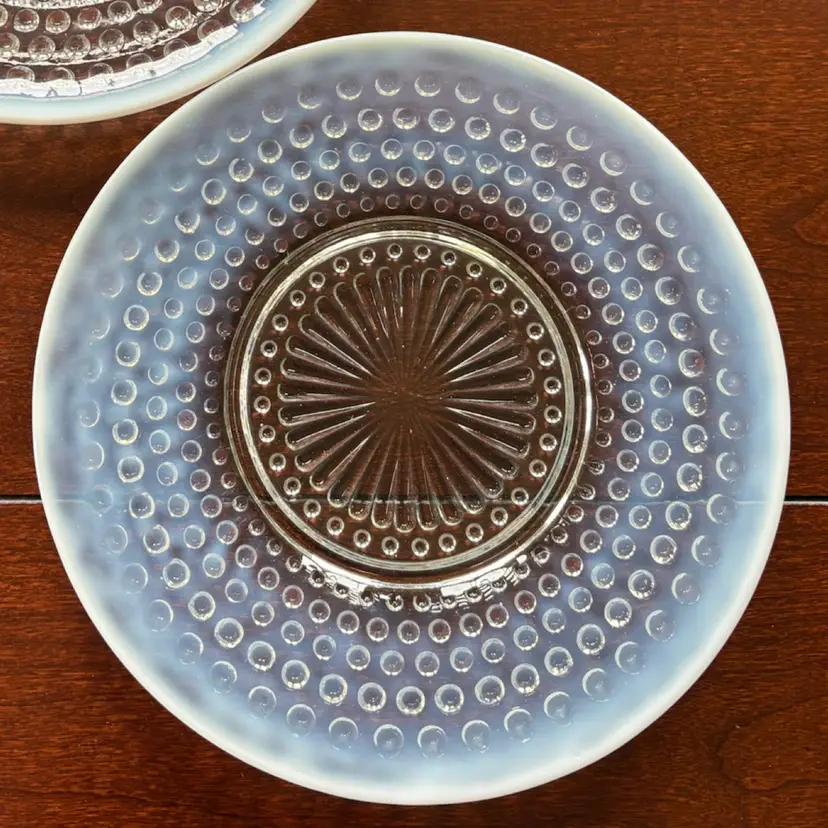 Anchor Hocking Moonstone Opalescent Hobnail Glass 8.375” Plate. 1942-46. This plate has a much thicker white band than the other one, which makes it more rare and sought after.  No Chips Or Cracks.