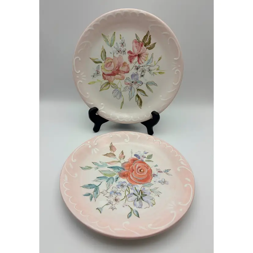 Tracy Porter Dessert Plates, “Margo Collection”, Delicate Pink Rims, Floral Patterns 8.25”