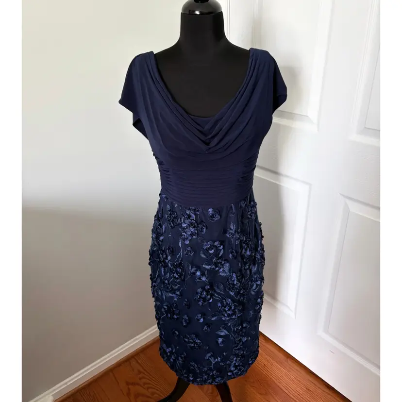 Alex Evenings, Deep Navy, Rosettes, Draped Neckline, Lined, Back Zipper ,Sz 8