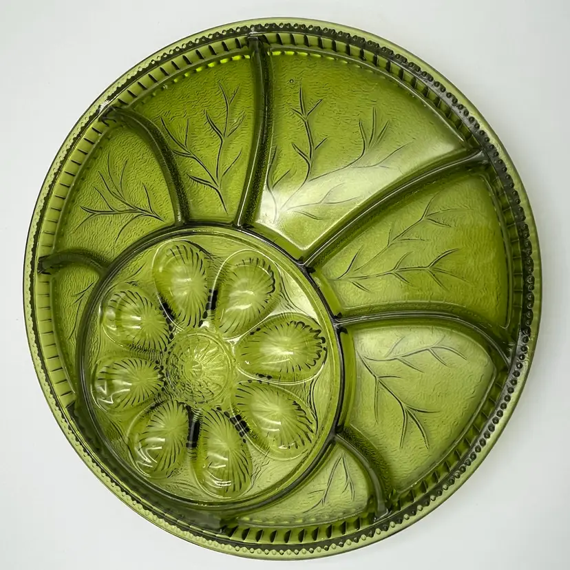 Indiana Glass- Avocado Green Deviled Egg & Relish Platter