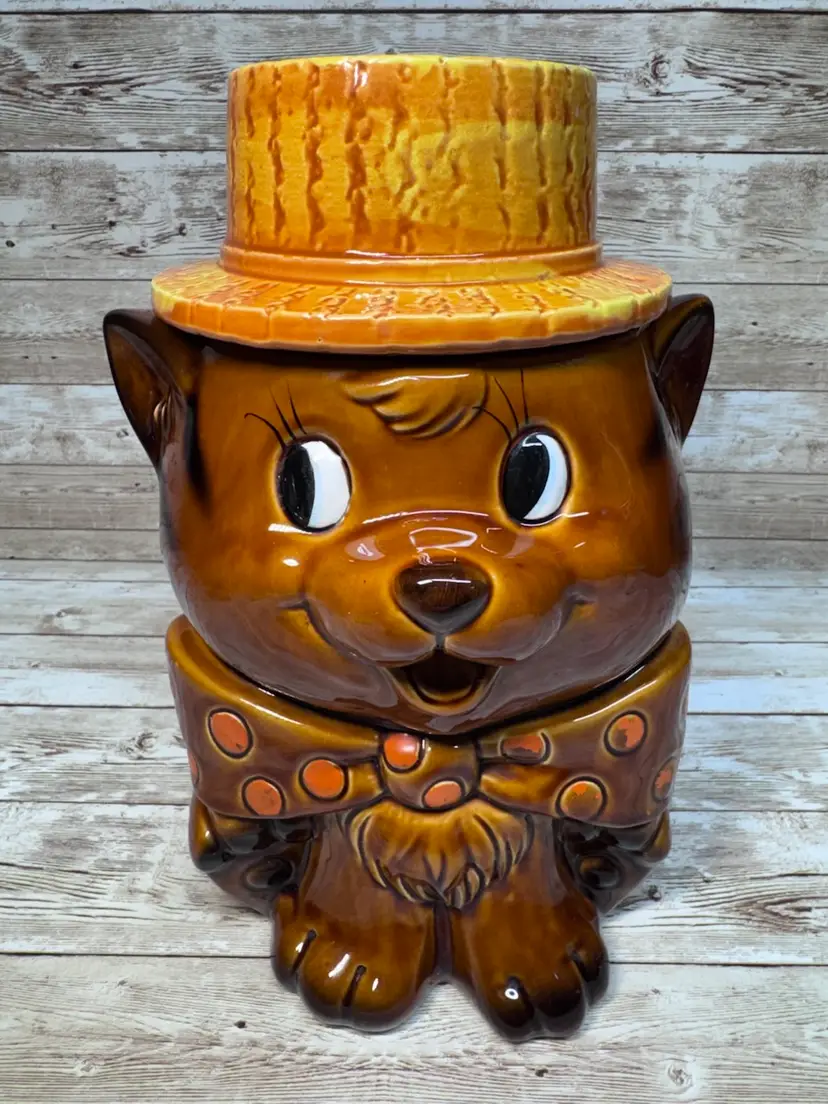 Brinn’s Whimsical Vintage Japan Top Hat Cat Cookie Jar Brown Ceramic *see photo
