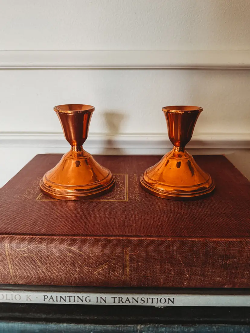 Vintage copper or copper plate candlestick holder- set of 2