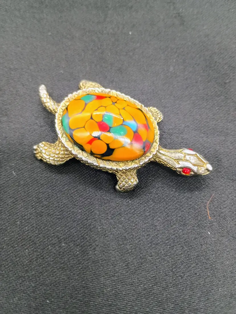 Vintage Japan Multicolored Glass Cabochon Shell Gold Tone Metal Large Turtle Brooch with Red Rhinestone Eyes.