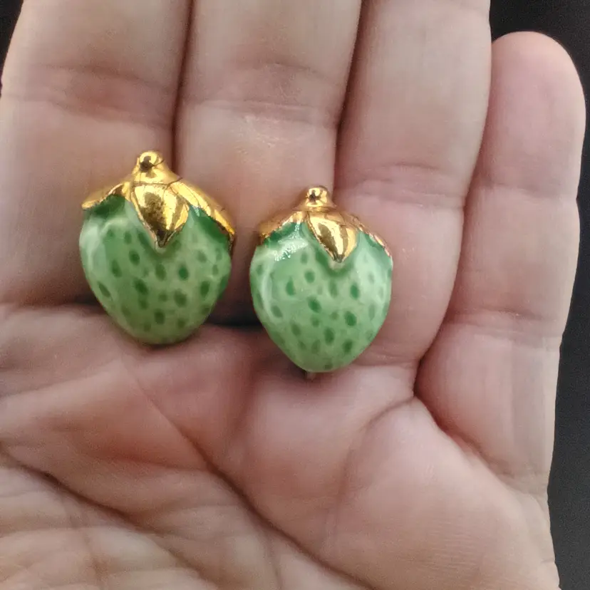 Green ceramic strawberry earrings