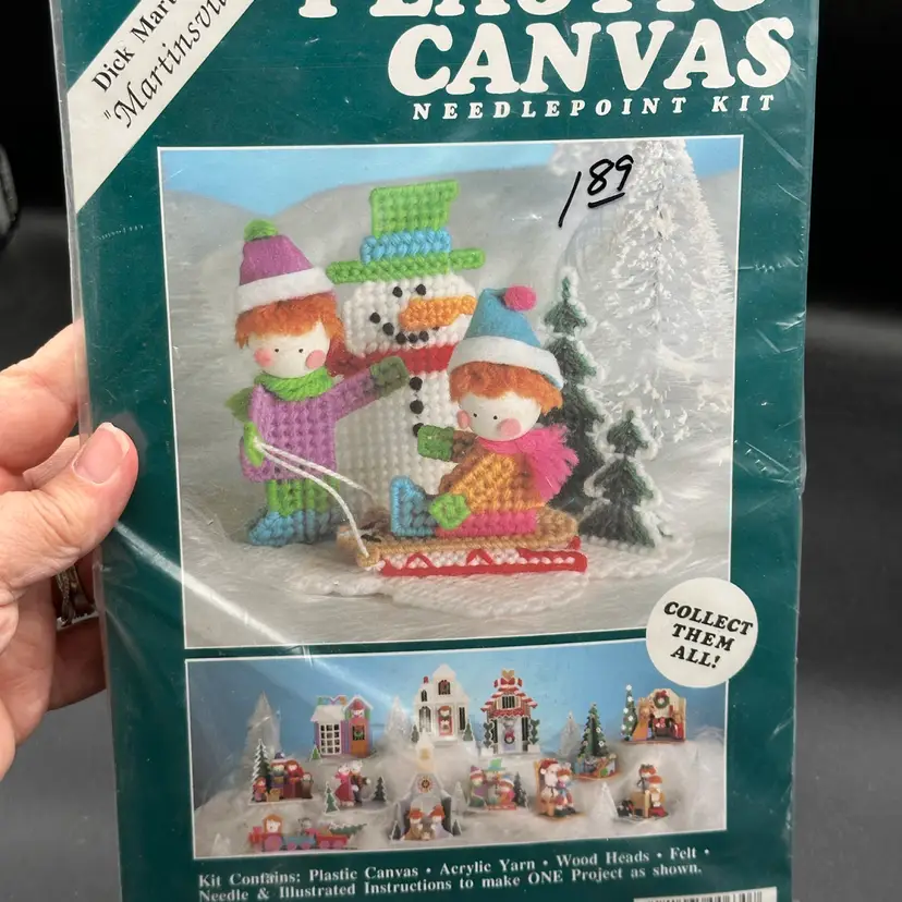 Dick Martins Martinsville Plastic Canvas Needlepoint Kit Craft VTG Snowman Sled