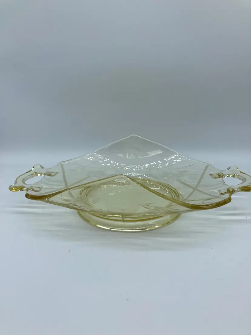 Vintage Lancaster Etched Yellow Glass Folded Dish