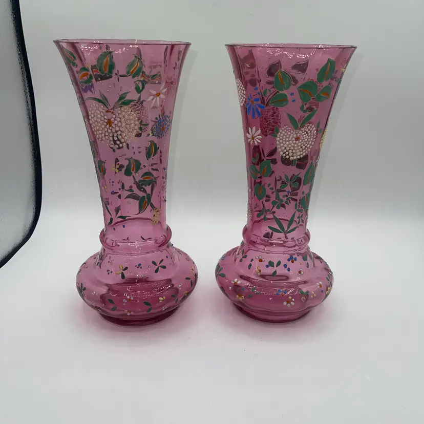 Bohemian, Pink Art Glass With Hand-Painted Flowers And Leaves This Is A Pair