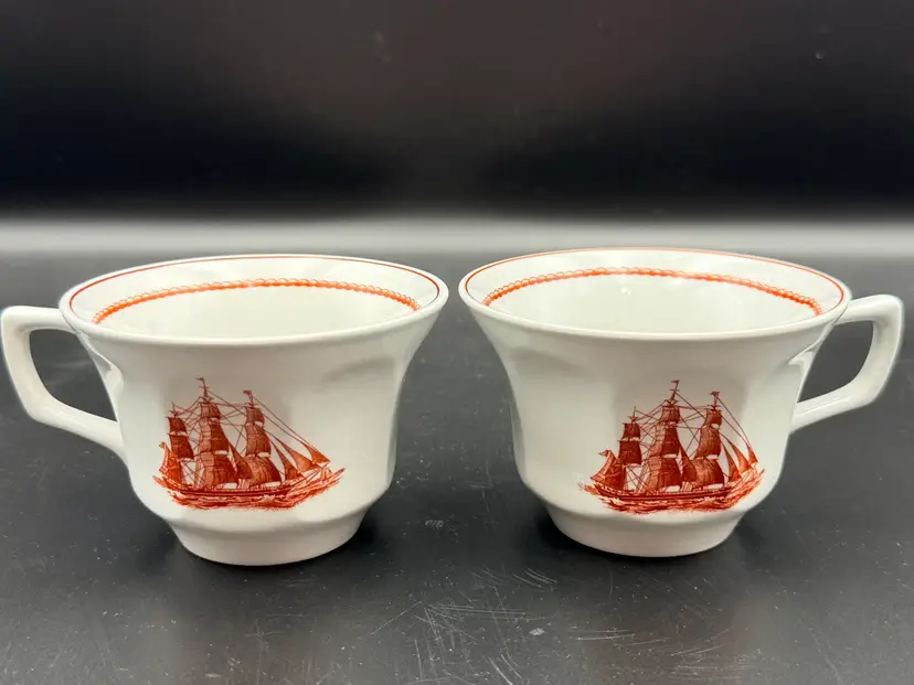 Set 2 Wedgwood Flying Cloud Rust Red Tea Cups Clipper Ship Transferware England