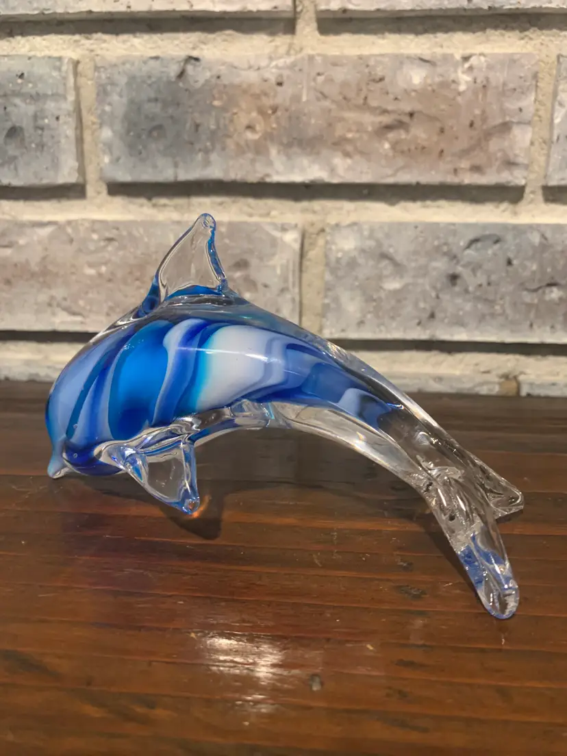 Murano Style Glass Dolphin Figurine in Blue Swirl