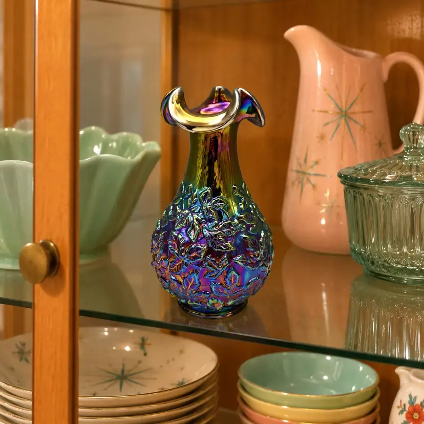 Vintage Fenton Iridescent Art Glass Vase in Blue Leaf Pattern