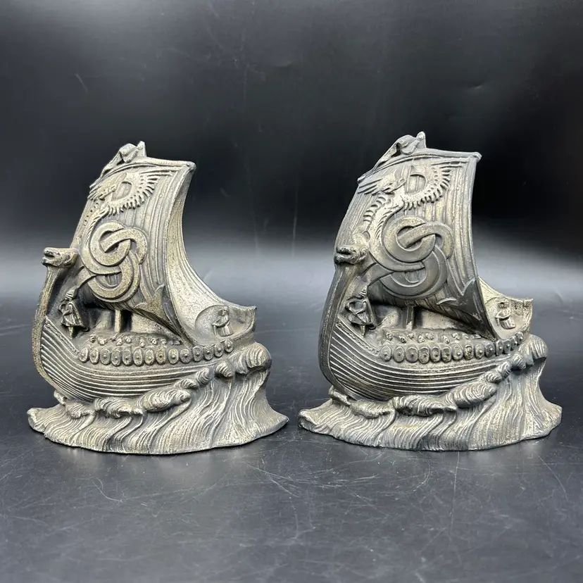 Vintage Viking Longship Cast Metal Bookends Pair Norse Dragon Ship Nautical