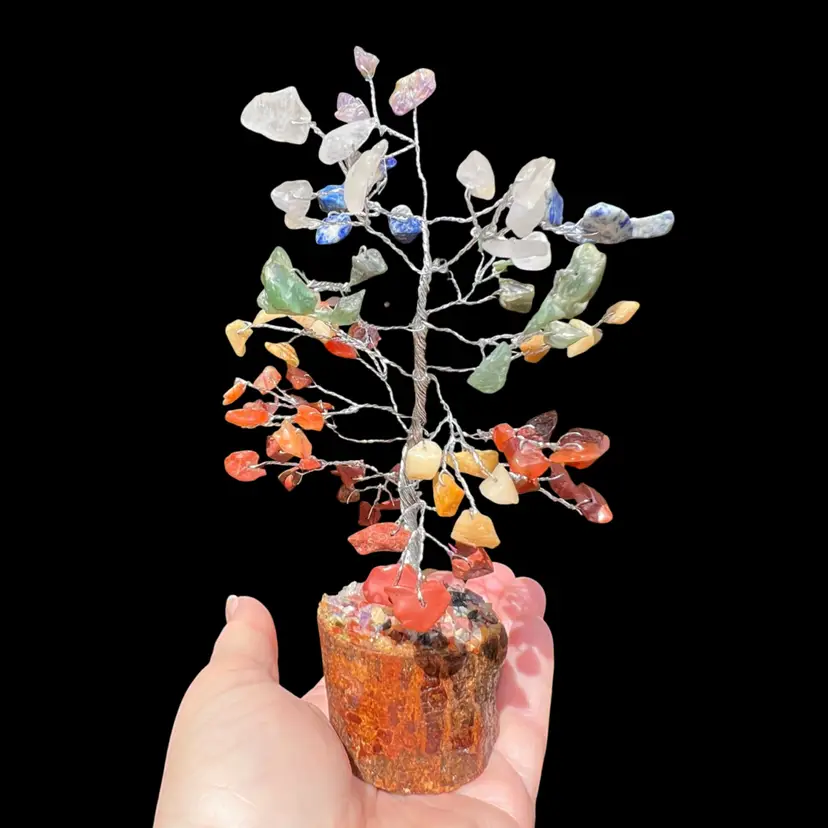 7 Chakra 7-3/4” Tall Crystal Bonsai Gemstone Tree on Wood Base- Silver-tone Twisted Wire Trunk & Limbs