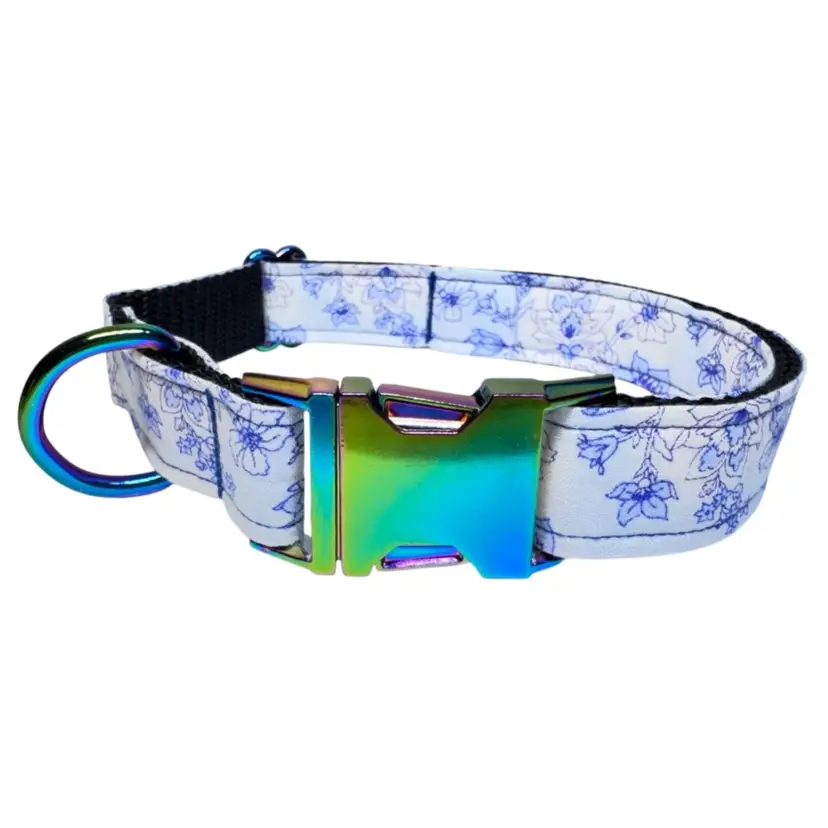 Dog Collar Blue Flower Vintage Print Large Handmade Heavy Duty W/Buckle NEW