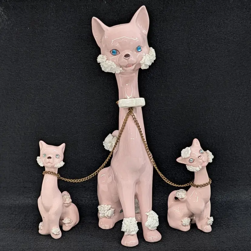 Vintage Kreiss Co Pink Cat Kittens Chain Family Ceramic Spaghetti Figurine Trio