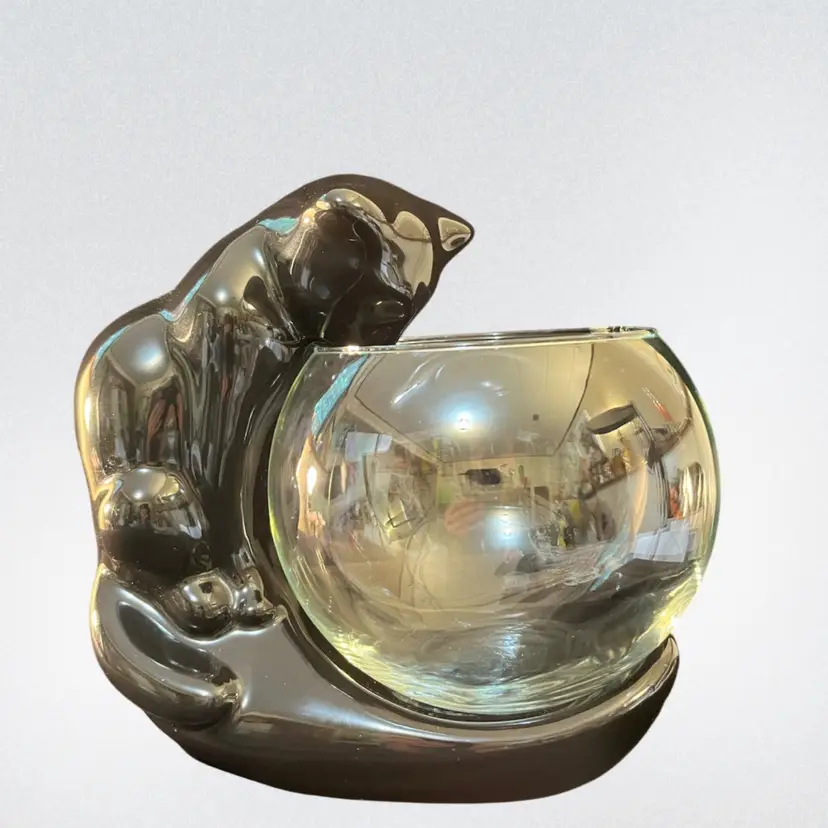 Mid Century Modern Royal Haeger Ceramic Black Glossy Glaze Cat with Clear Glass Fishbowl on Stand