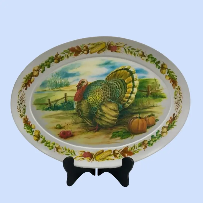 #413- Vintage Holiday Platter 
XL Hosting Serving Tray 
Oval Melamine Fall Harvest Turkey Thanksgiving   By Brookpark