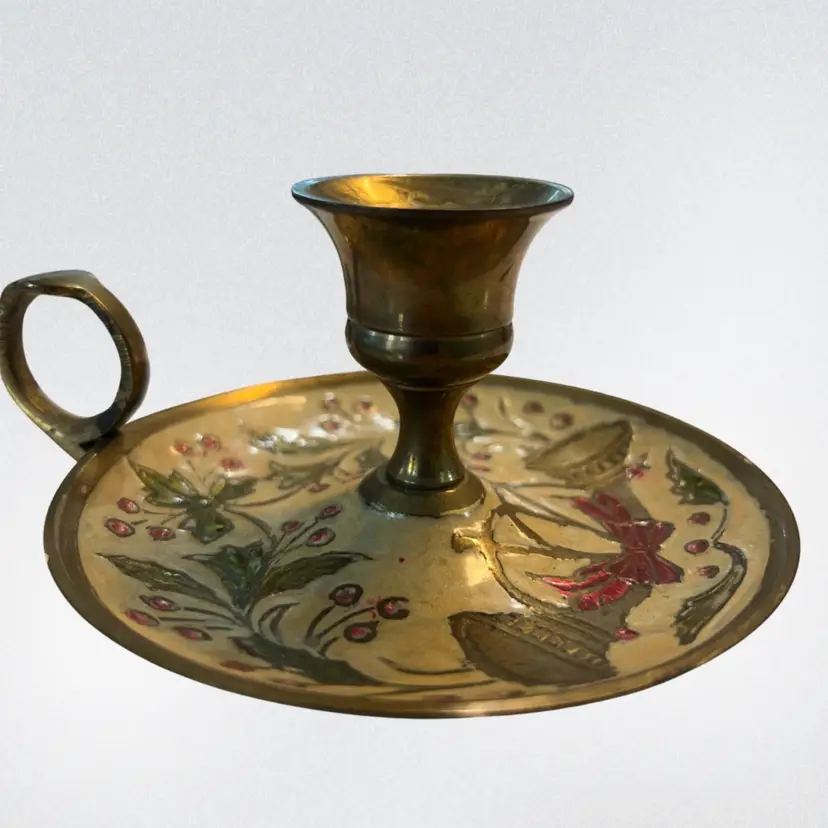 Vintage Enameled Floral Brass Chamberstick- Measures Approximately 4 1/2 Inches In Diameter And 2 Inches Tall