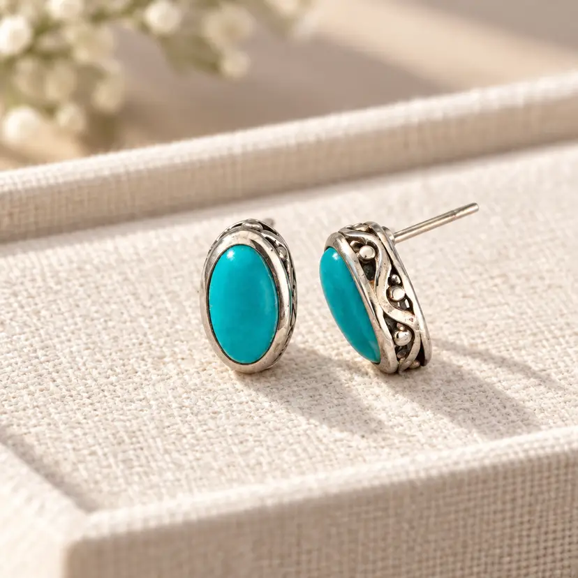 Sterling Silver & Turquoise Oval Earrings, Filigree Detail Along the Edge, .5"