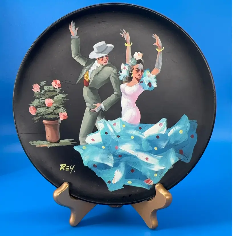 Spanish 8” Hand-Painted Flamenco Dancer Wooden Wall Plate – Signed REY