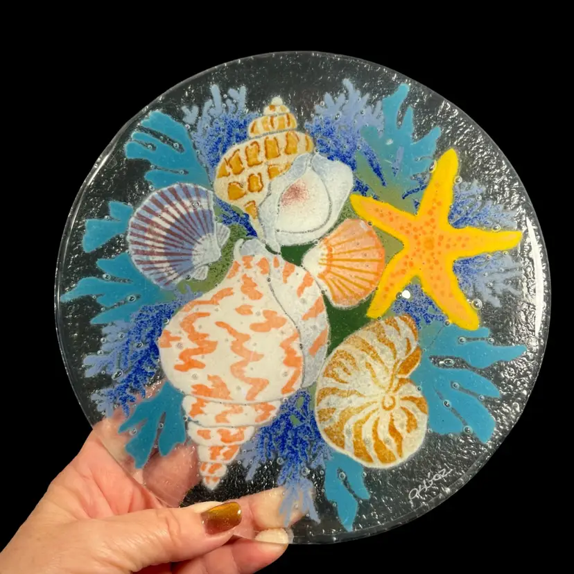 Peggy Karr Seashells Fused Glass Plate Signed | 7.75”