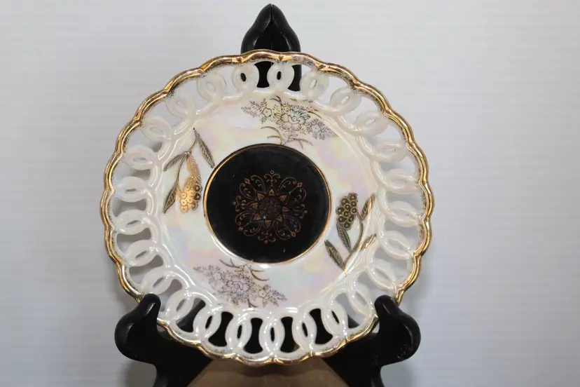 Royal Sealy China Reticulated Floral Accent Plate Gold, Black & Cream