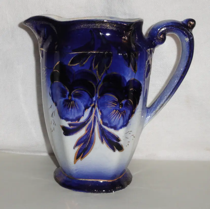 Antique Flow Blue Pansy Pitcher ~ 6.5” tall ~ Lancaster & Sons ~ Hanley England