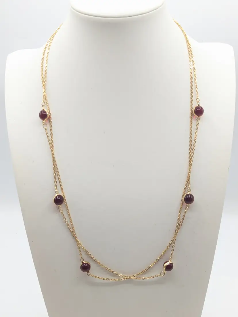 Vintage Avon Gold Tone Faux Garnet Bezel-Set Station Necklace