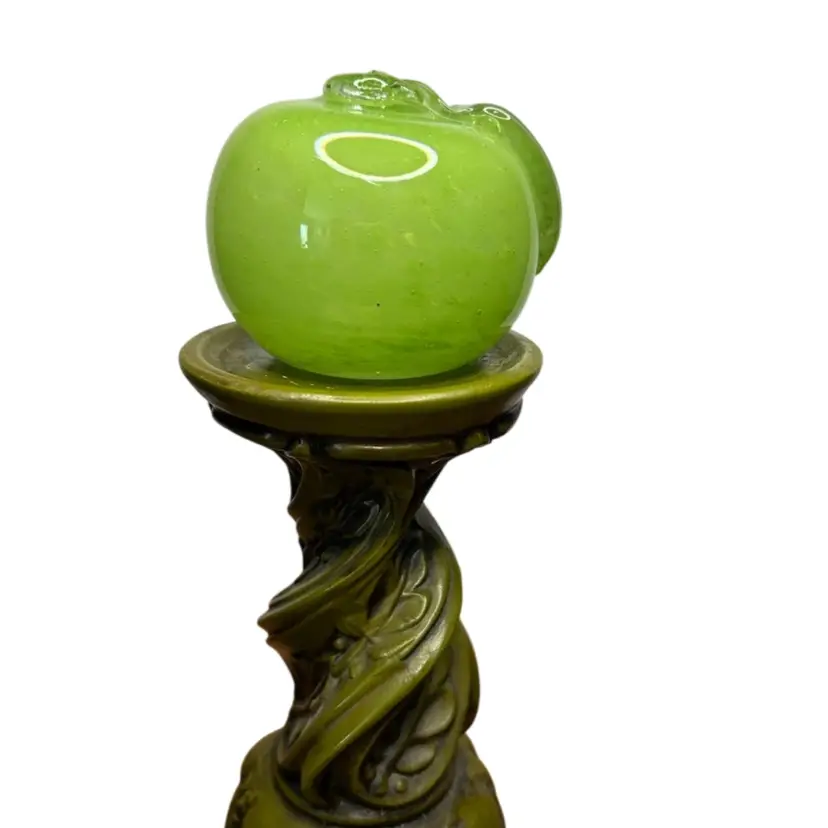 Ceramic 7” Antiqued Green Candle Holder/Stand Some Wear On Top, Included A Green Art Glass Apple
