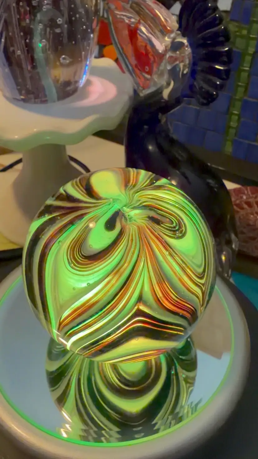 #3 Dynasty Gallery Glass Paperweight – White Feather Swirls – 2.5″