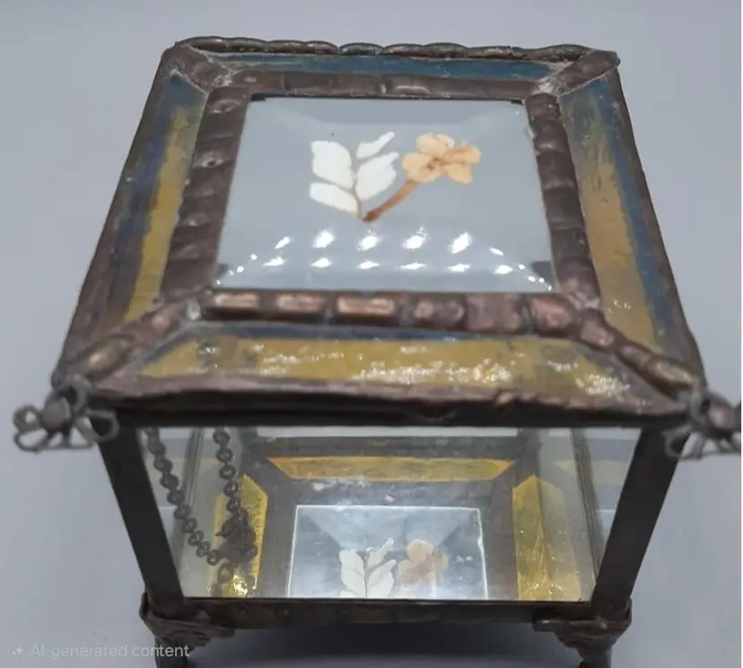 Antique/Vintage Glass and Brass Trinket Box with Pressed Flower and Ornate Feet