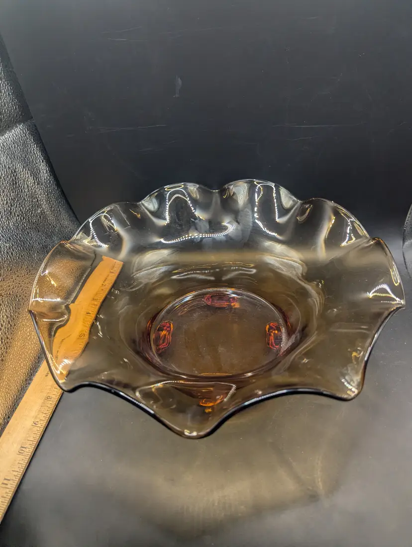 Vintage MCM Viking Glass Amber 10 Petal Bowl With 4 Feet Over 11" Diameter.