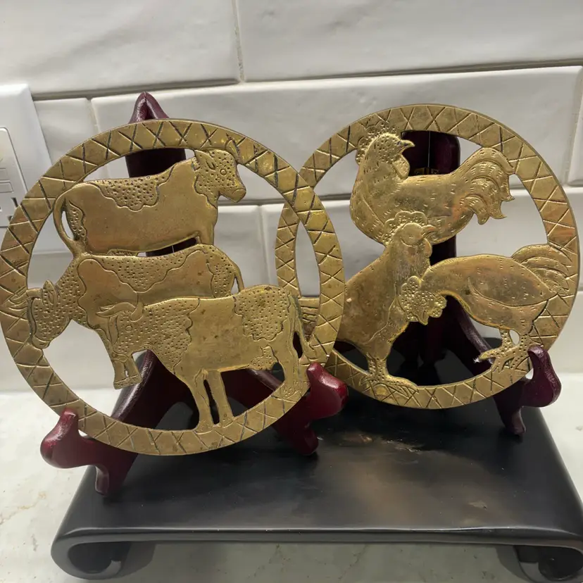 Vintage Pair Brass Farm Trivets - Chicken Rooster & Cow Bull 7" Round