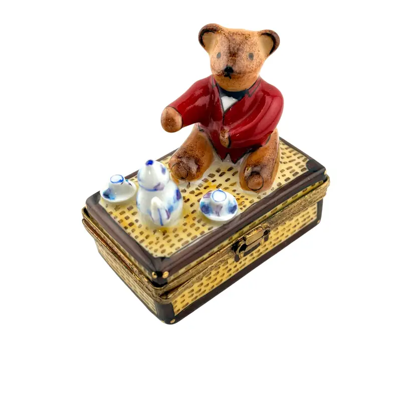 Vintage Limoges Teddy Bear Tea Party Trinket Box 2” Tall x 2” Wide x 1.25” Deep