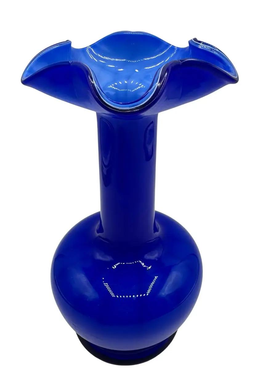 Vintage Art Glass Ruffled Vase Cobalt Light Blue Cased Swirl 9”