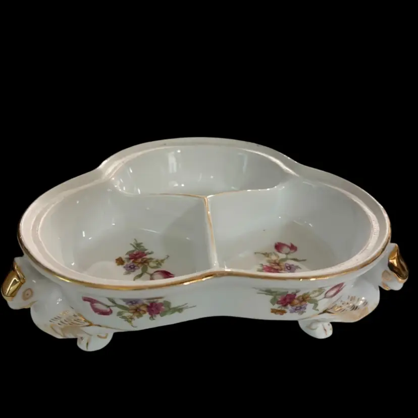 Rare- Saji Occupied Japan- Gilded 3-Part Cabaret Dish-  Figural Bird Feet!! 7.5”