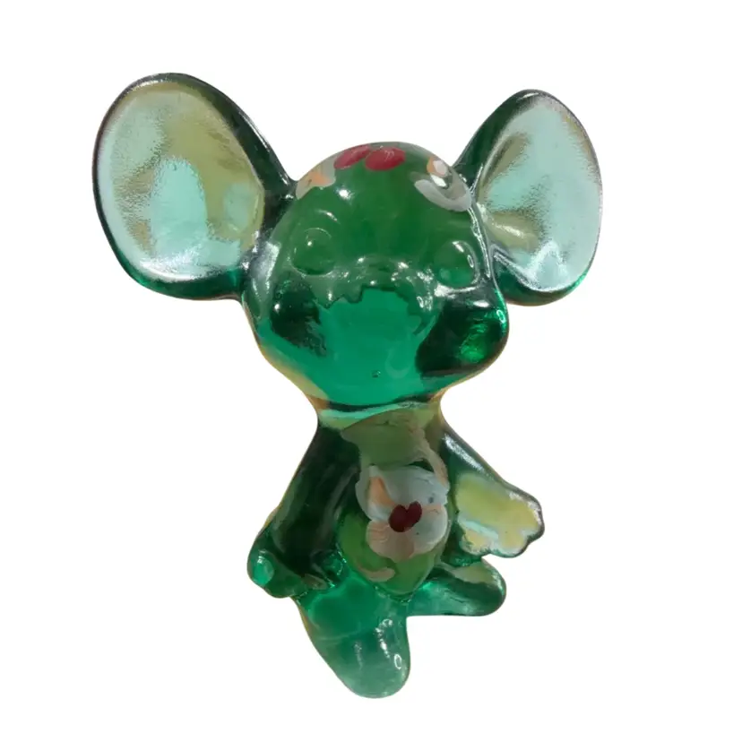 Vintage 90s Fenton Sea Mist Green Glass Hand Painted Mouse