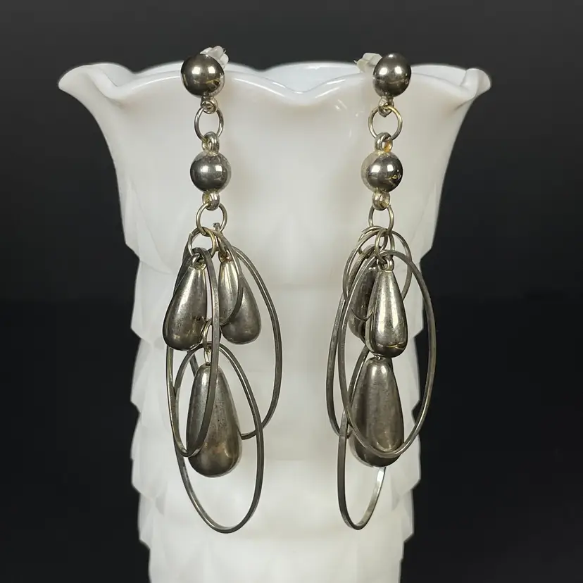 Silver Tone Chandelier Hoops & Teardrops Vintage Statement Dangle Earrings 3.5"