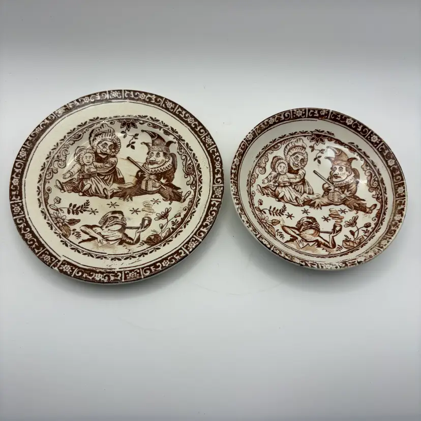 Allerton & Son England Child’s Punch and Judy Plate & Bowl Brown Transferware