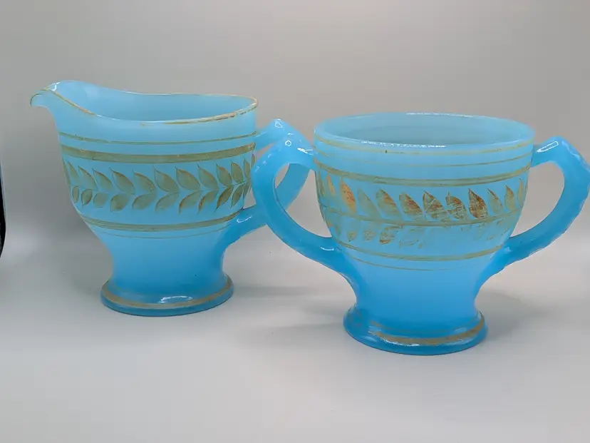 ANTIQUE BLUE OPALINE FRENCH ART GLASS OPAQUE BLUE CREAMER & SUGAR GOLDEN YELLOW APPLIED LEAF DESIGN