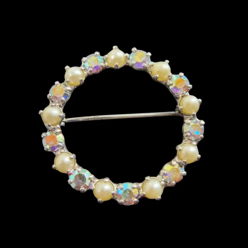 Small 1” Silver-tone AB & Faux Pearl Brooch