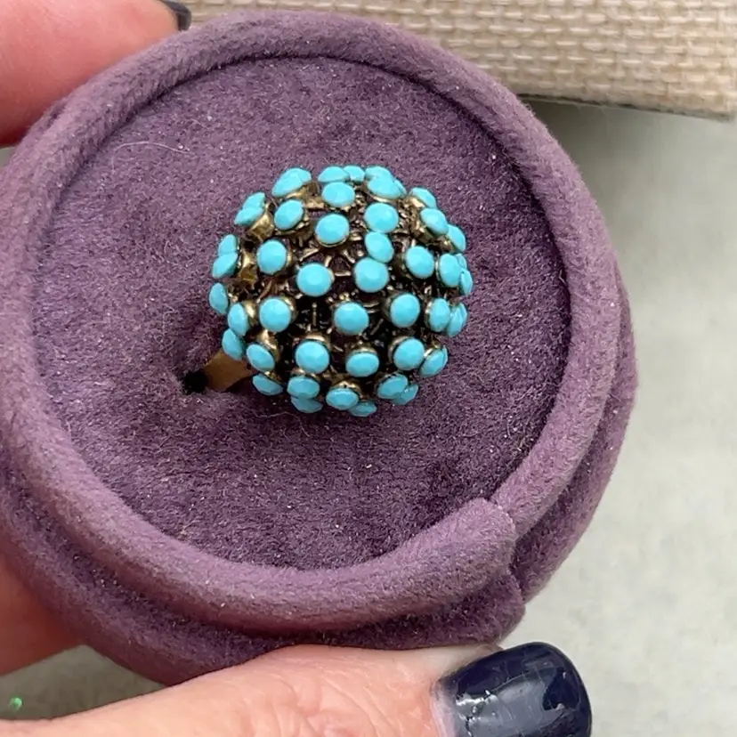 #01 Vintage Turquoise Blue Cluster Dome Cocktail Ring Gold Tone Filigree Size 9