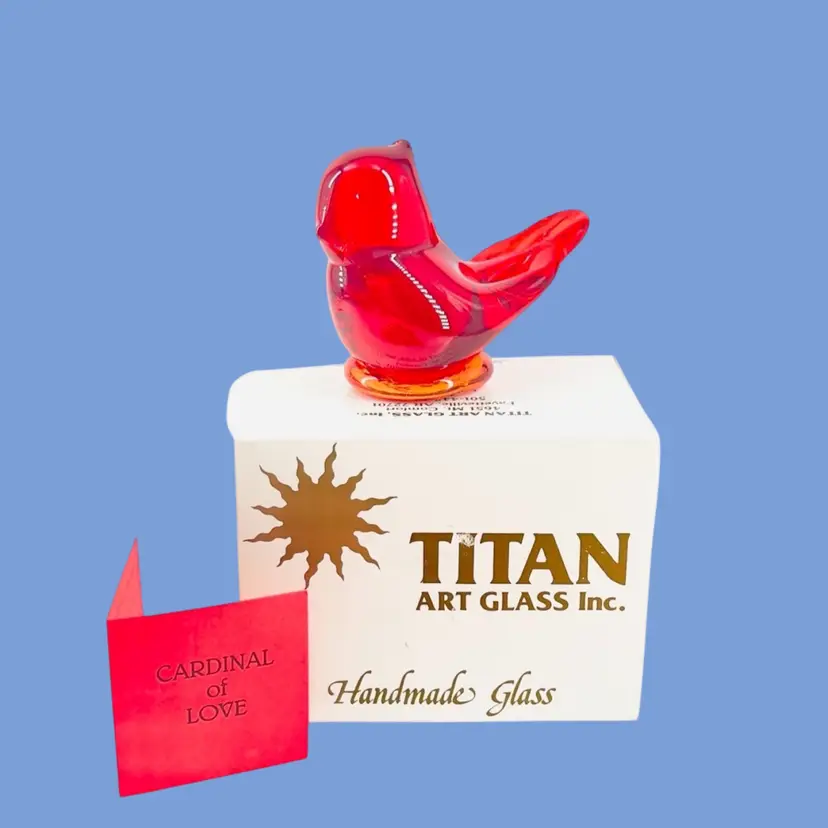 #127- Paperweight Bird Figurine Cardinal of Love Art Glass By Titan Ruby Red Amberina Art Glass Signed Titan 1998  Arkansas USA