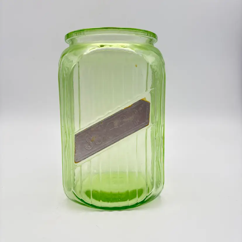 Vintage Uranium Anchor Hocking Glass  Depression Hoosier Ribbed Sugar Canister Jar Glows
