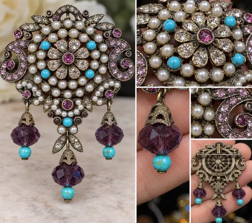 Vintage KRAMER Brooch Pendant Purple Rhinestone Pearl Turquoise Dangle Pin