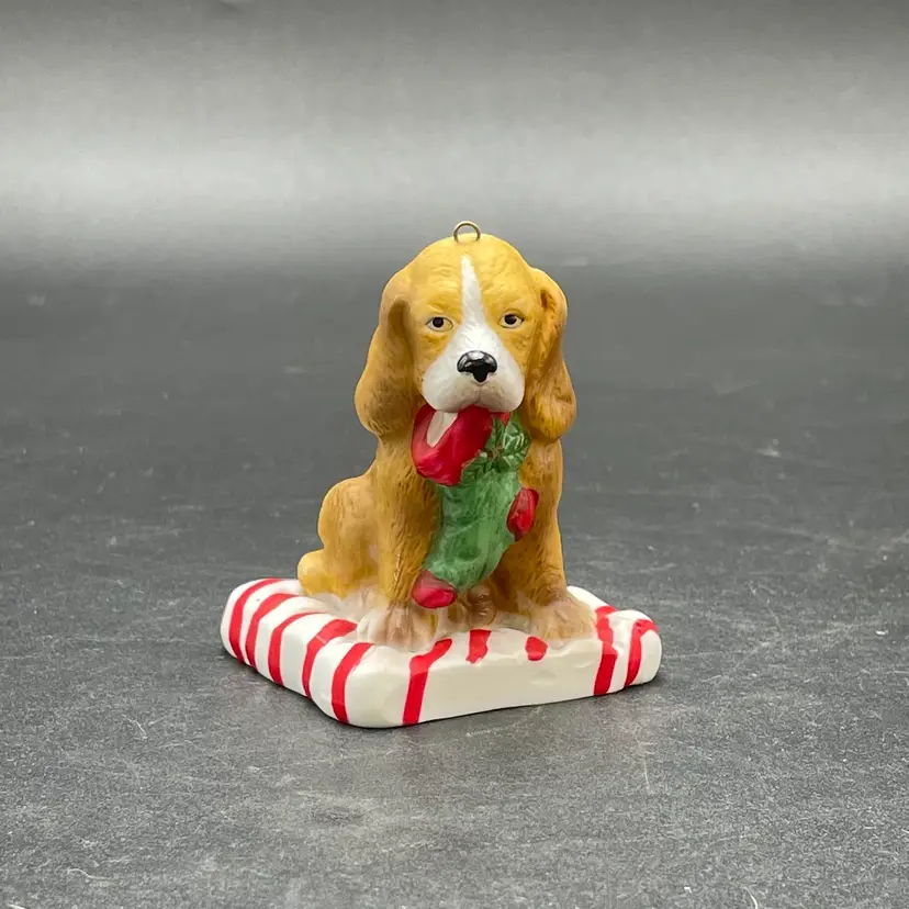 Dog Puppy with Stocking Lillian Vernon Ceramic Christmas Ornament VTG Holiday