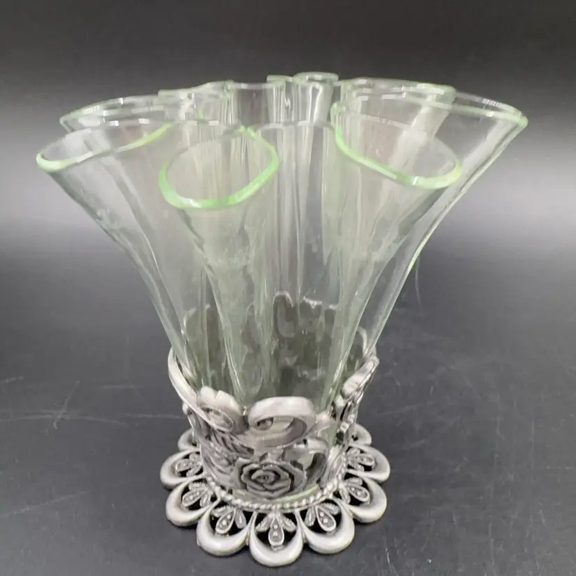 Vintage Fluted Glass Base With Pewter Tone, Metal With Floral Design Base M.T C Makers Mark